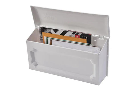 Windsor Small Capacity Rust Proof White Plastic Wall Mount Mailbox open with letters inside, durable and ample space for magazines.