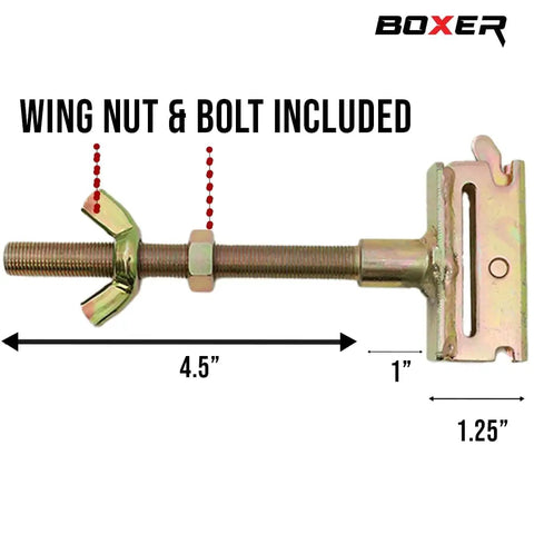 Heavy Duty E Track Spare Tire Mount With 5 Inch Bolt Hanger For Enclosed Trailers Trucks Semis And Garages Built To Last Holds Spare Tight Spring Loaded Grip Easy Wall Mount with included wing nut and bolt, side view shows dimensions.