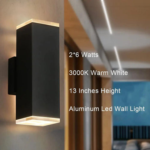 Black LED Modern Square Aluminum Outdoor Wall Light Fixture With Up Down Lighting 12W 3000K Warm White 1000 Lumens Weatherproof IP64 Rust Resistant No Bulbs To Change Ultra Sleek Exterior Wall Mount
