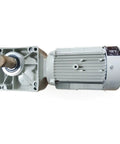 Heavy Duty Motor Gear Reducer Designed As A Straight Shooting Workhorse Optimizes Speed Transmission And Torque Control For Industrial Machinery Sealed Fresh Out Of The Box, side view with output shaft.