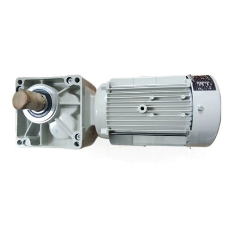 Heavy Duty Motor Gear Reducer Designed As A Straight Shooting Workhorse Optimizes Speed Transmission And Torque Control For Industrial Machinery Sealed Fresh Out Of The Box, side view with output shaft.