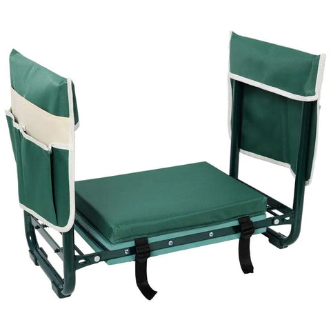Kneeler And Seat Bench For Gardening With Foldable Stool, 10 Inch Wide Cushion, EVA Foam Pad, shown in the folded position with pouches.