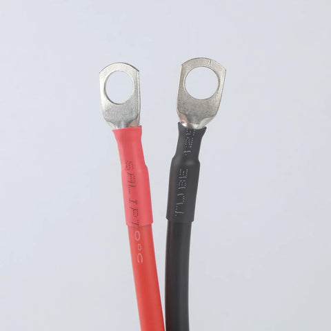 10AWG 50A Battery Cable With Quick Connectors For LiFePO4 Power, M8 Terminal, 12V DC High Current Lead Wire For Boat And RV, Durable Silver Plated Copper Terminals For Safe, Efficient Charging And Easy Hookup. Red and black 10AWG battery cable with M8 ring terminals