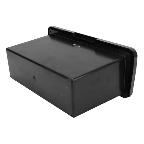 Black plastic marine glove box with lockable lid for pontoon boat console