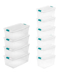 Slay Your Storage Goals With This Badass Set Of Plastic Latching Storage Bins Featuring Secure Snap Lids, Includes 106 Qt And 64 Qt Totes For Closet Decluttering, Garage Organization, And Keeping Bugs At Bay. Seven stackable clear plastic bins with snap lids.