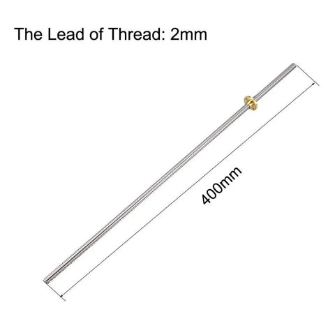 Two Start 8Mm Lead Screw Rod, 400Mm Long, Stainless Steel With Copper Nut, T8 Trapezoidal Thread for 3D Printer Z Axis, side view.