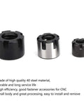 Durable Steel CNC Collet Nuts For Woodworking Machines That Fit ER11M ER16M ER20M showing three sizes, made of high quality steel.