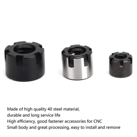 Durable Steel CNC Collet Nuts For Woodworking Machines That Fit ER11M ER16M ER20M showing three sizes, made of high quality steel.