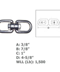 Top Shelf Eye Eye Swivel Crafted From Hella Strong Marine Grade Stainless Steel 316 Featuring An Awesome 1500 Lbs Working Load Limit And Gnarly Three Sixty Spin Action For Heavy Duty Towing Rigging That Truly Nail The Job Every Time, displayed with size dimensions.