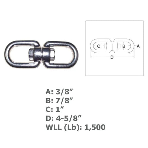 Top Shelf Eye Eye Swivel Crafted From Hella Strong Marine Grade Stainless Steel 316 Featuring An Awesome 1500 Lbs Working Load Limit And Gnarly Three Sixty Spin Action For Heavy Duty Towing Rigging That Truly Nail The Job Every Time, displayed with size dimensions.