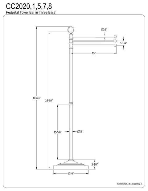 Diagram of Vintage Freestanding Towel Rack With Oil Rubbed Bronze Finish, Three 13-Inch Swivel Towel Bars, 39 And A Half Inch Tall, 10-Inch Base