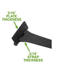 Close-up of Wrought Iron Heart Style Strap Hinge showcasing 3/16-inch plate and strap thickness, black powder-coated finish.