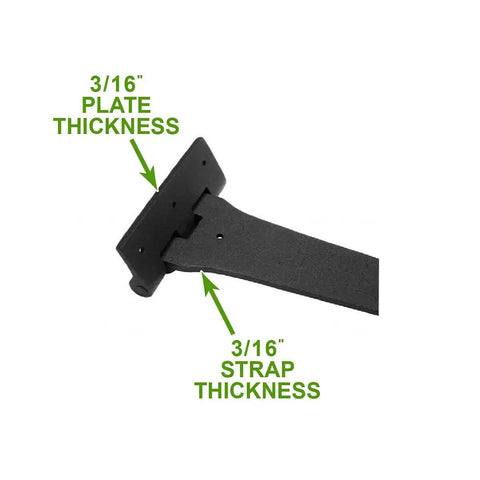 Close-up of Wrought Iron Heart Style Strap Hinge showcasing 3/16-inch plate and strap thickness, black powder-coated finish.