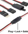 Pro RC Servo Connector Kit With Crimp Tool And Tweezers, 30 Male And 30 Female Pins, 3m Of 22AWG Cables, shows plug and lock mechanism.