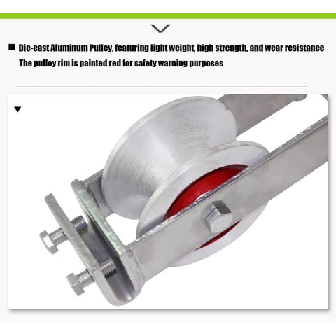 Rugged Heavy Duty Cable Pulley Cast Aluminum Wheel Wear Resistant Sheave Two Fixing Methods Safety Lock Hook High Visibility Red Warning