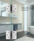 Heavy Duty Stainless Steel Glass Door Hinges Built Tough For Hassle Free Zero Impact Drilling Rock Solid Double Opening Clamp Clip For Cabinets And Cupboards Rust Proof Nickel Copper Finish Two Pack mounted on glass.