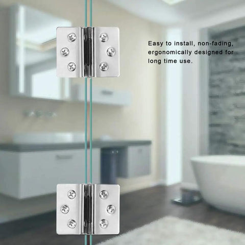 Heavy Duty Stainless Steel Glass Door Hinges Built Tough For Hassle Free Zero Impact Drilling Rock Solid Double Opening Clamp Clip For Cabinets And Cupboards Rust Proof Nickel Copper Finish Two Pack mounted on glass.