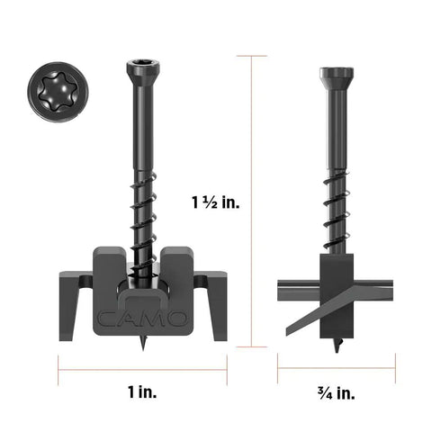 Heavy Duty Hidden Grooved Decking Fastener Clip Kit Includes Quick Driver Tool And Nine Hundred Wedge Clips For Five Hundred Square Foot Grounds, detail of clips and screws.