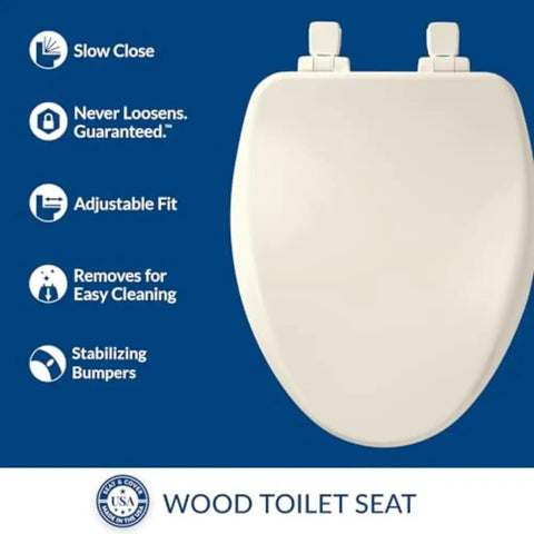 Alesio II Slow Close Toilet Seat With Easy Clean Hinges And Adjustable Front To Back Fit Made In USA Elongated Biscuit Wood Seat