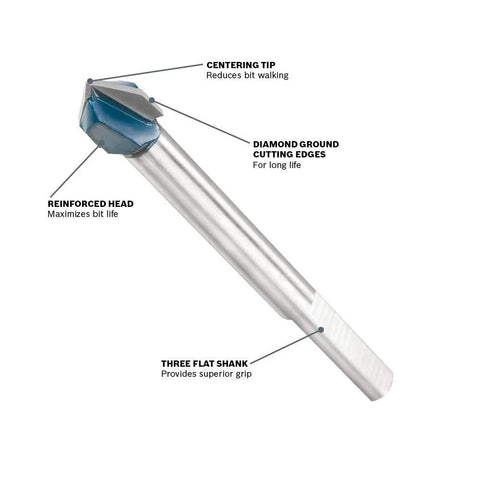Bosch GT300 1/4in carbide-tipped glass drill bit, blue body with reinforced head and three-flat shank