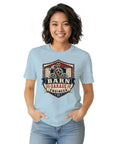 Classic Retro Mechanical Engineer Tee With Vintage Barn Garage Gear Badge Design For Hands-On Builders And Tool Loving Tinkerers In 100 Cotton worn by a woman.