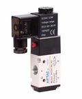 DC24V 3/2 Way Solenoid Valve, 1/4 Inch PT, Normally Closed, Aluminum Body, Model 3V210-08, side view, with plug-and-play mounting
