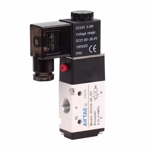 DC24V 3/2 Way Solenoid Valve, 1/4 Inch PT, Normally Closed, Aluminum Body, Model 3V210-08, side view, with plug-and-play mounting