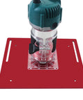 Adjustable Inverted Base Milling Table For Woodworking Planer And Trimmer Combo with a red base and router attachment.
