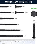 Heavy Duty Stainless Steel Lag Screws With Flat Washers 12 Pack One Quarter Inch By Four Inch Black Hex Head Wood Screws 304 Stainless 18 8 Corrosion Resistant With Black Oxide Coating For Decks Fences And Outdoor Projects with size comparisons.