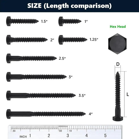 Heavy Duty Stainless Steel Lag Screws With Flat Washers 12 Pack One Quarter Inch By Four Inch Black Hex Head Wood Screws 304 Stainless 18 8 Corrosion Resistant With Black Oxide Coating For Decks Fences And Outdoor Projects with size comparisons.