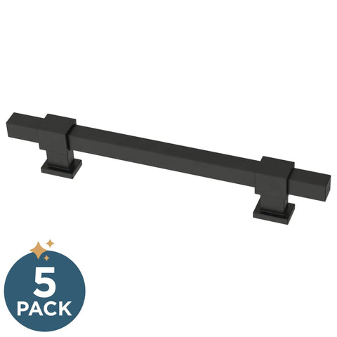 Front view of Matte Black Cabinet Handles Five Pack Adjustable Drawer Pulls for kitchen cabinets, dressers, and cupboards, durable metal