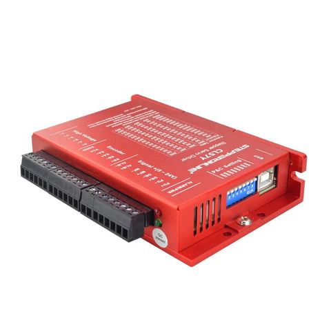 Red STEPPERONLINE closed-loop Y Series stepper driver, side view, 0-7.0A, 24-50VDC for Nema 17/23/24 motors