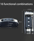16 In 1 Bike Repair Tool Kit For Nulane Bicycle in black and silver showing dimensions 9cm by 2.5cm and 4.5cm width