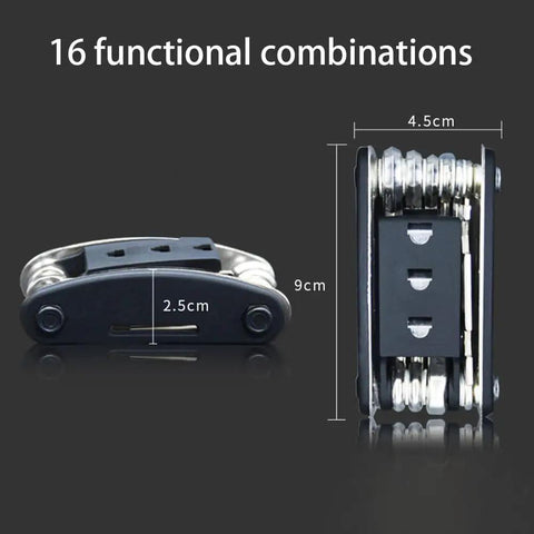 16 In 1 Bike Repair Tool Kit For Nulane Bicycle in black and silver showing dimensions 9cm by 2.5cm and 4.5cm width