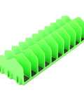 Front view of green pliers organizer rack with 10 slots, non-slip rubber base for drawer use, fits 3 inch and above drawers.