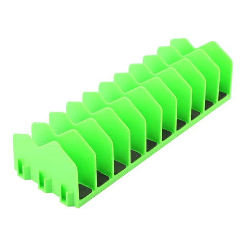 Front view of green pliers organizer rack with 10 slots, non-slip rubber base for drawer use, fits 3 inch and above drawers.