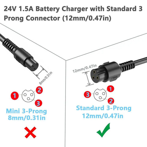 Universal 24V 1.5A Battery Charger That Plays Nice With Razor E100 E200 E300 E500 and Pocket Mod Dirt Bikes 3 Prong 12mm Connector