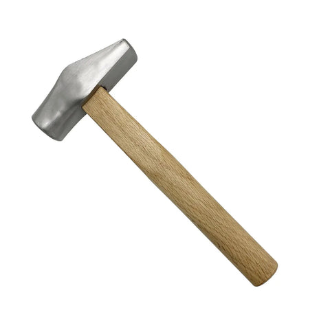 Heavy Duty Flat Faced Hammer For Jewelry Making And Metalworking with a wooden handle and metal head, side view.