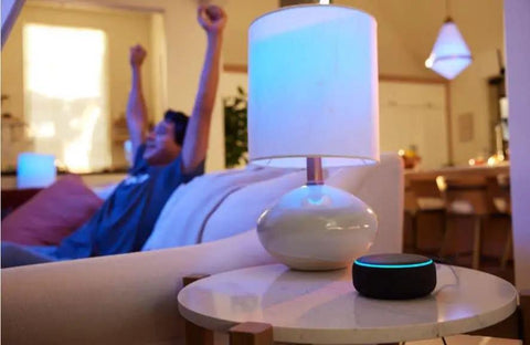 Hella Compact Smart Speaker With Alexa Built In Drops Kickass Soundwaves Smooth For Cozy Rooms Stereo Pairing Ready Charcoal Shell on table.