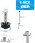One Quarter Inch Threaded Furniture Feet Levelers 20 Pack Adjustable Leveling Feet with size dimensions diagram
