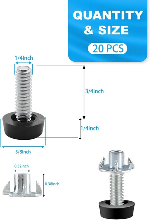 One Quarter Inch Threaded Furniture Feet Levelers 20 Pack Adjustable Leveling Feet with size dimensions diagram