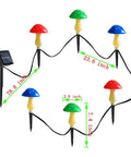 Mushroom Solar Lights for Outdoors Pack of 6 LED Garden Stake Decor With 8 Modes, showing colorful mushroom-shaped lights and solar panel.