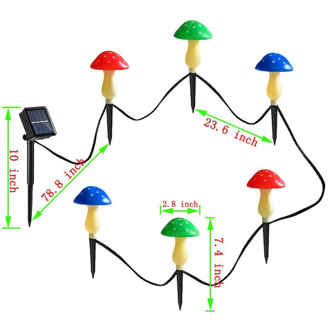 Mushroom Solar Lights for Outdoors Pack of 6 LED Garden Stake Decor With 8 Modes, showing colorful mushroom-shaped lights and solar panel.