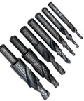 Angled view of 9-piece HSS spiral counterbore step drill bits set for metal drilling and chamfering