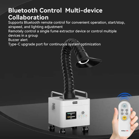 Heavy Duty Fume Extractor With Three Layer Filter For Industrial Workshops Brushless Workhorse Delivers Badass Airflow And Silently Chill Operation Includes Bendable 360 Hose And Fireproof Build For No Sweat Shop Floor Cleanup with Bluetooth remote control.