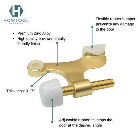 Solid Five Pack Of Heavy Duty Hinge Pin Door Stoppers In Premium Satin Brass Matte Gold Finish With Adjustable Swing Angles And Tough Rubber Bumpers For Zero Hassle No Drill Installation, showing adjustable rubber tip.