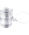Heavy Duty Workhorse Oil Mist Filter Delivering Ninety Five Percent Clean Air Extraction For Vacuum Pump Exhaust Fume Scrubbing In Busy Machine Shops And Tight Garages with clear housing and connection hose.