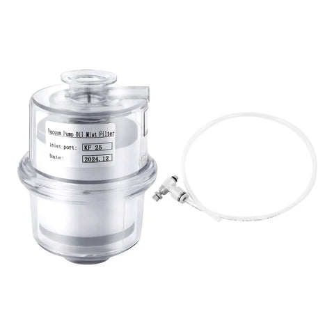 Heavy Duty Workhorse Oil Mist Filter Delivering Ninety Five Percent Clean Air Extraction For Vacuum Pump Exhaust Fume Scrubbing In Busy Machine Shops And Tight Garages with clear housing and connection hose.