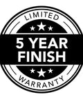 Black and white badge reading 'Limited 5 Year Finish Warranty' with stars on the Oil Rubbed Bronze Ball Brass Privacy Doorknob product page.