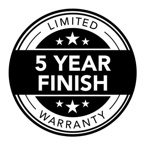 Black and white badge reading 'Limited 5 Year Finish Warranty' with stars on the Oil Rubbed Bronze Ball Brass Privacy Doorknob product page.